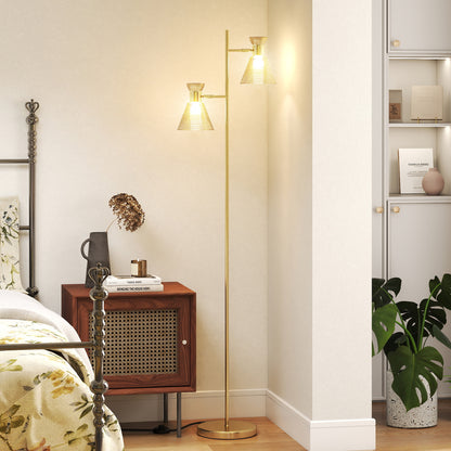 Luno Metal Gold Tone Dual Head Floor Lamp With Ribbed Glass Shades And Foot Switch