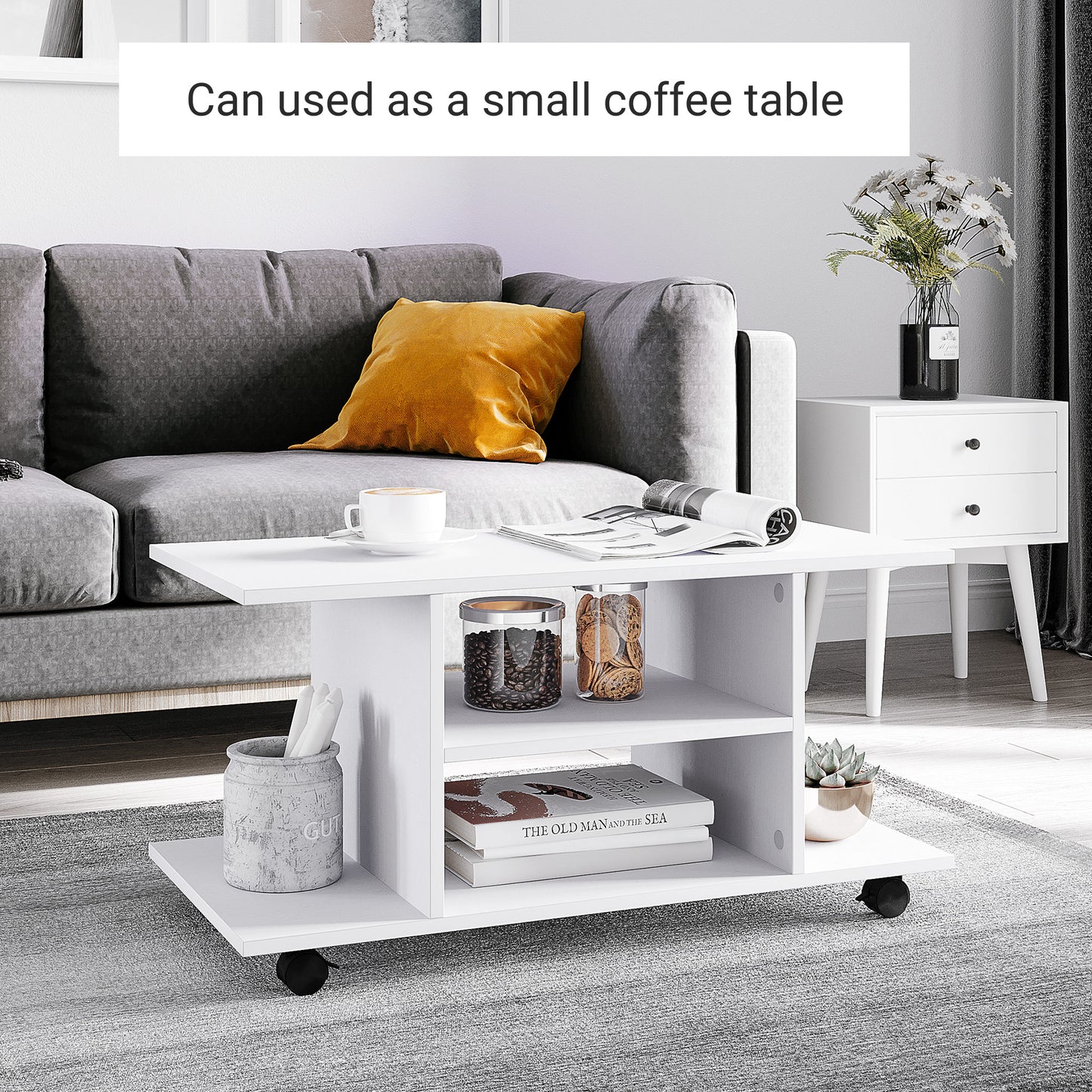Vireli Miri 80cm Wooden White Mobile TV Storage Unit With Shelves And Bookcase Layout
