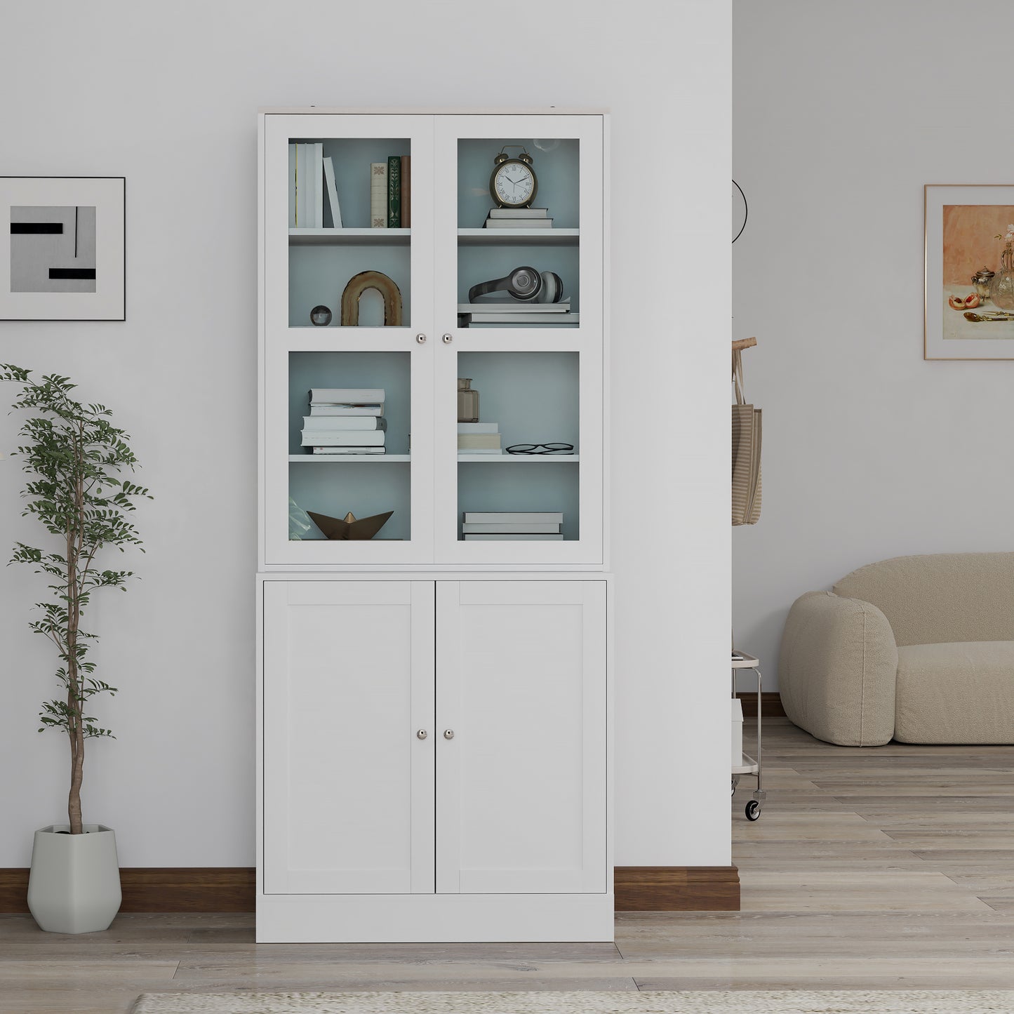 Salu Wood White Double Compartment Display Storage Cabinet
