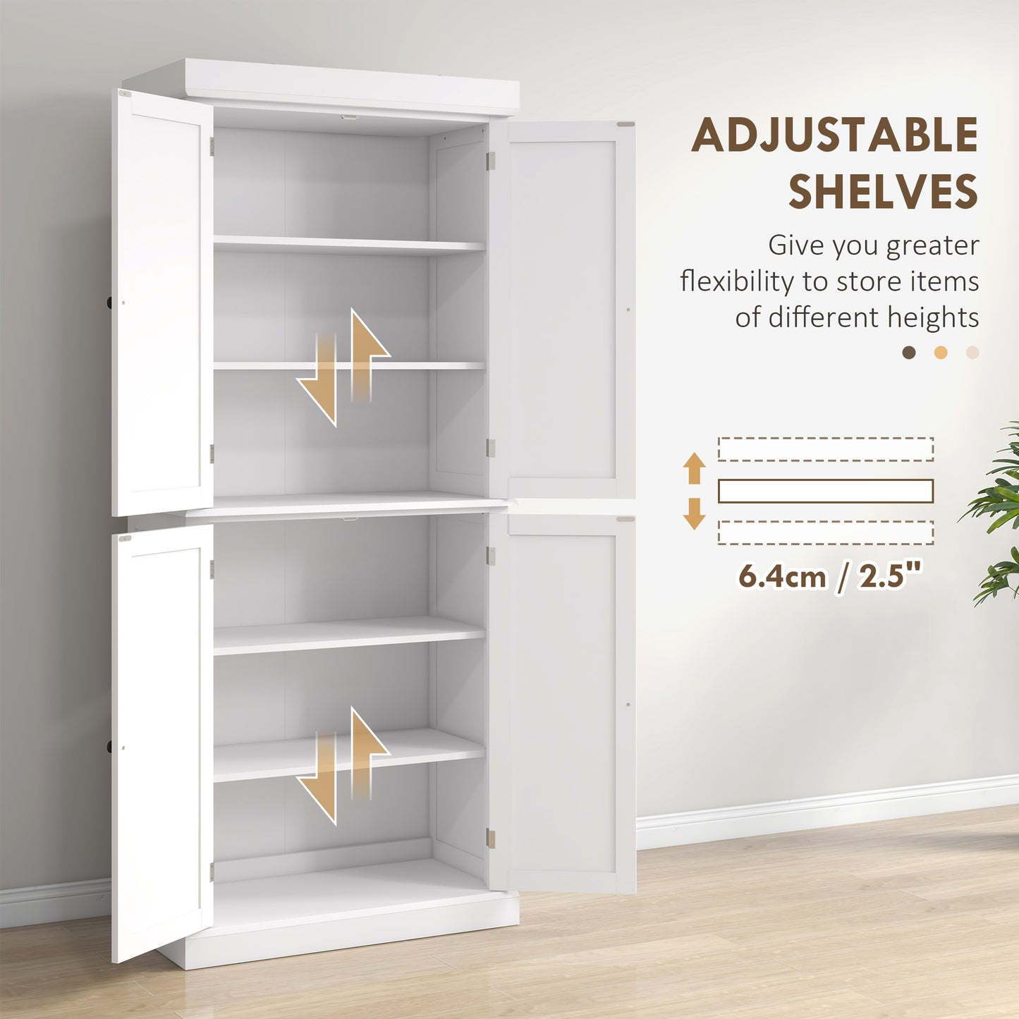Varofa Wooden White Freestanding Kitchen Cupboard With 4 Doors And 6 Tier Shelving