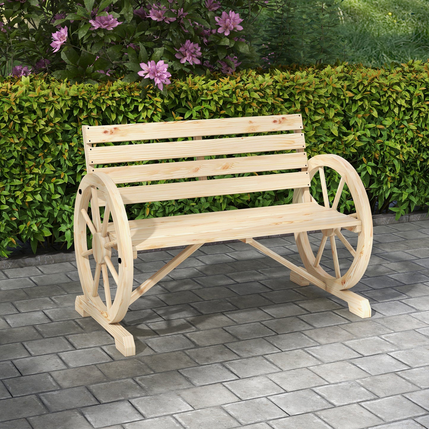 Hata Zilu Wood Natural Rustic Wagon Wheel Style Garden Bench With Armrests