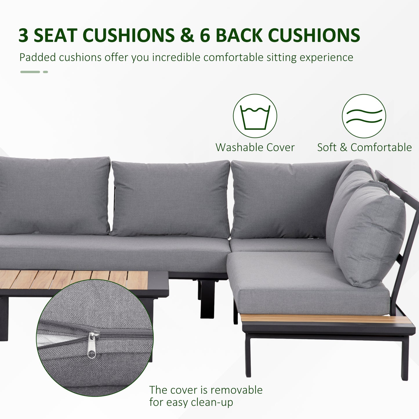 Lehak Aluminium Dark Grey 5 Seater L Shaped Garden Sofa Set With Coffee Table and 2 Side Tables