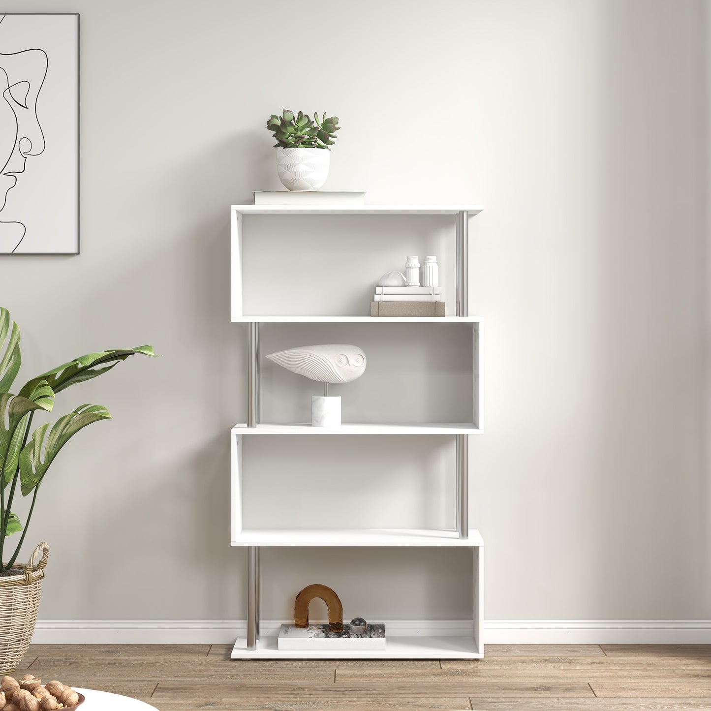 Fini Wood White 5 Tier S ShaFauxd Freestanding Bookcase 80 x 30 x 145 cm