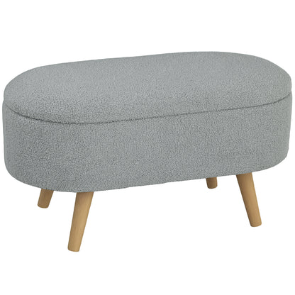 Mael Boucle Light Grey Storage Ottoman Teddy Fleece Natural Wooden Legs