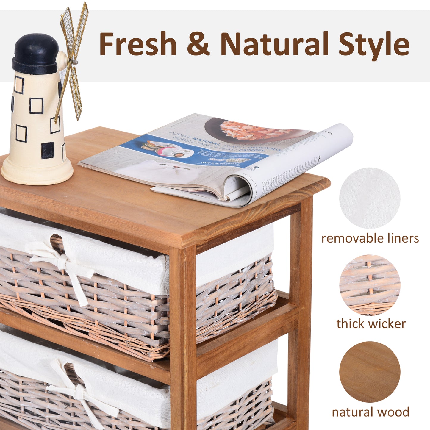 Yorila Wood Natural Finish 5 Drawer Dresser With Wicker Baskets