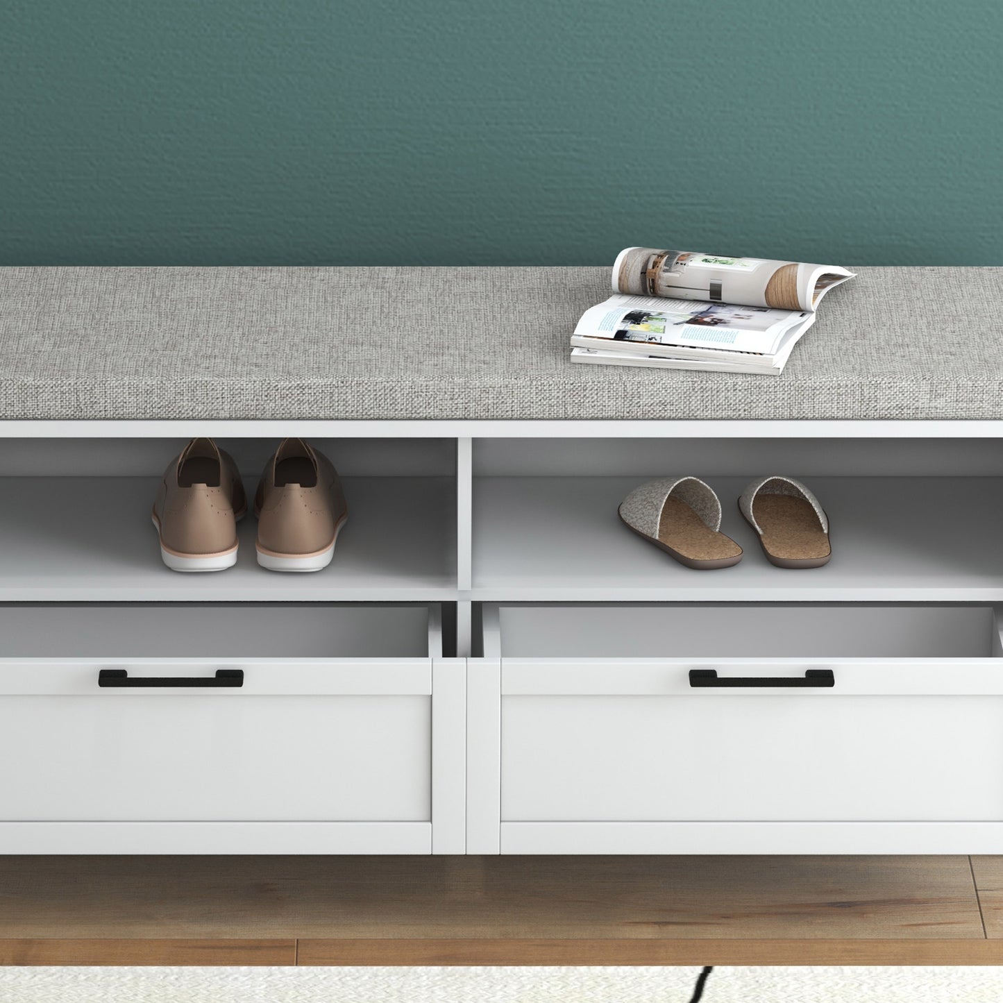 Noma Wooden White Shoe Bench With Grey Cushion2 Shelves 2 Drawers