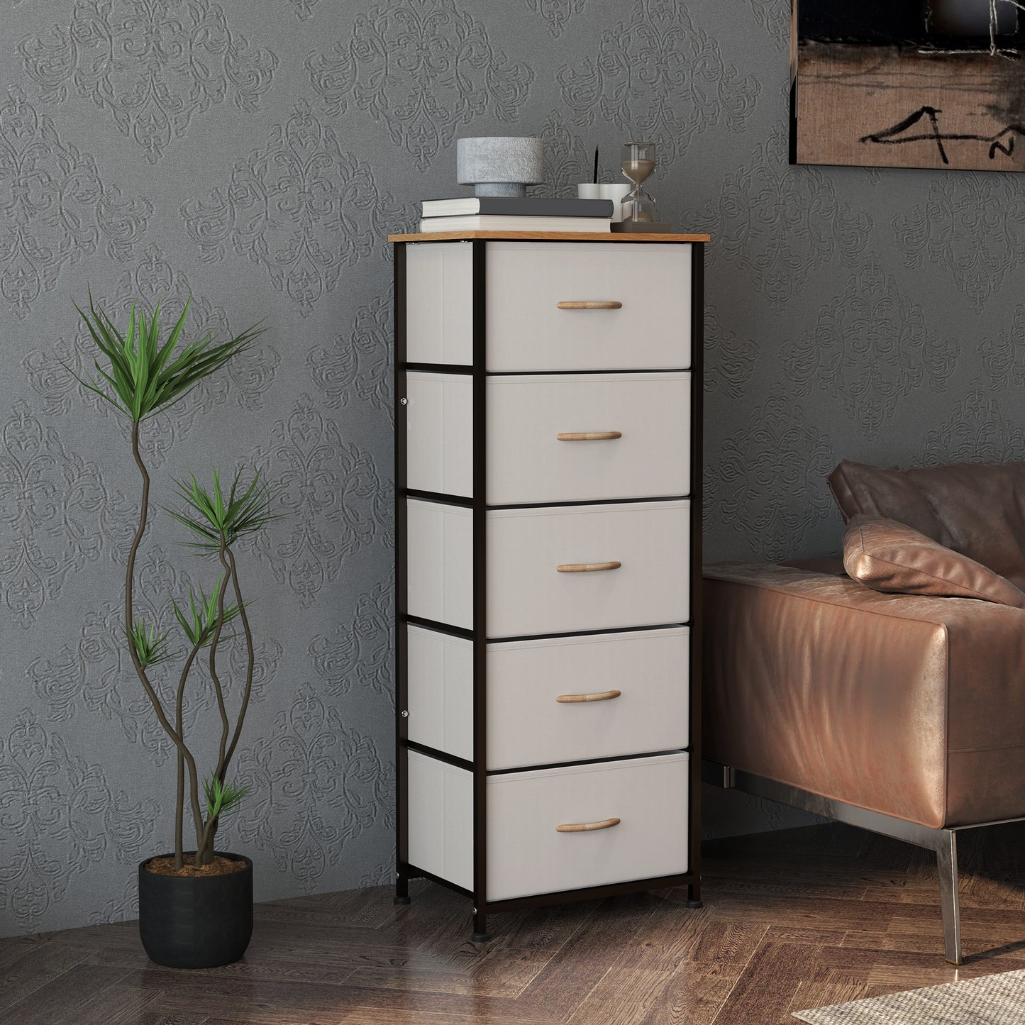 Yona Metal And Fabric Cream White 5 Drawer Industrial Storage Dresser With Steel Frame