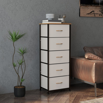 Yona Metal And Fabric Cream White 5 Drawer Industrial Storage Dresser With Steel Frame