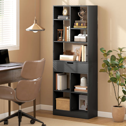 Farama Kedo Metal And Wood Black Tall Freestanding Bookcase With Drawer Storage