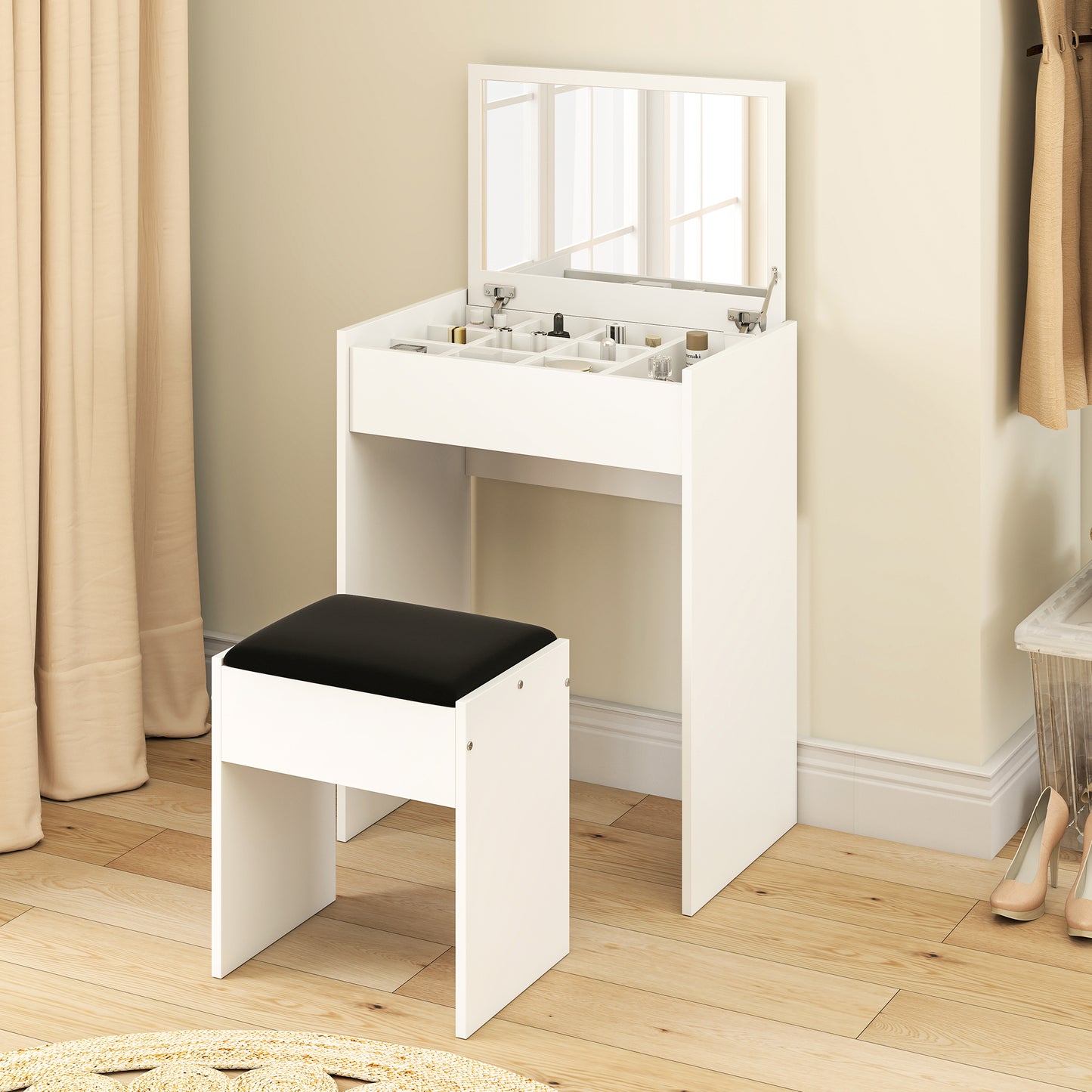Nolena White Wood Vanity Table With Flip Up Mirror Padded Stool And Storage