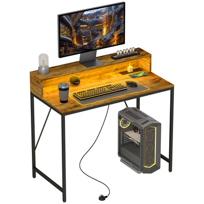 Rena Rustic Brown 100cm Gaming Desk With LED Lights Power Outlets And Monitor Stand