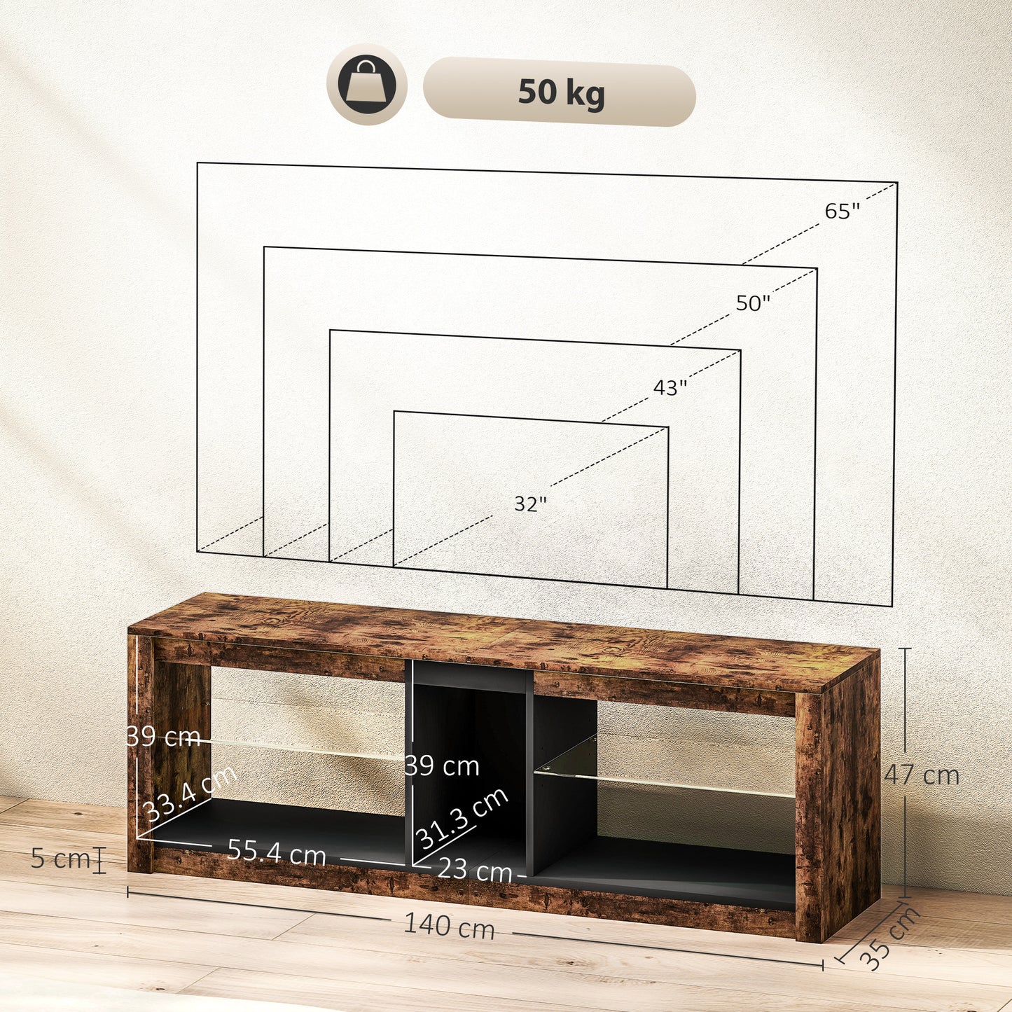 Kemido 140cm Rustic Brown Wooden TV Cabinet With LED Lighting Remote Control For Screens Up To 65 Inches