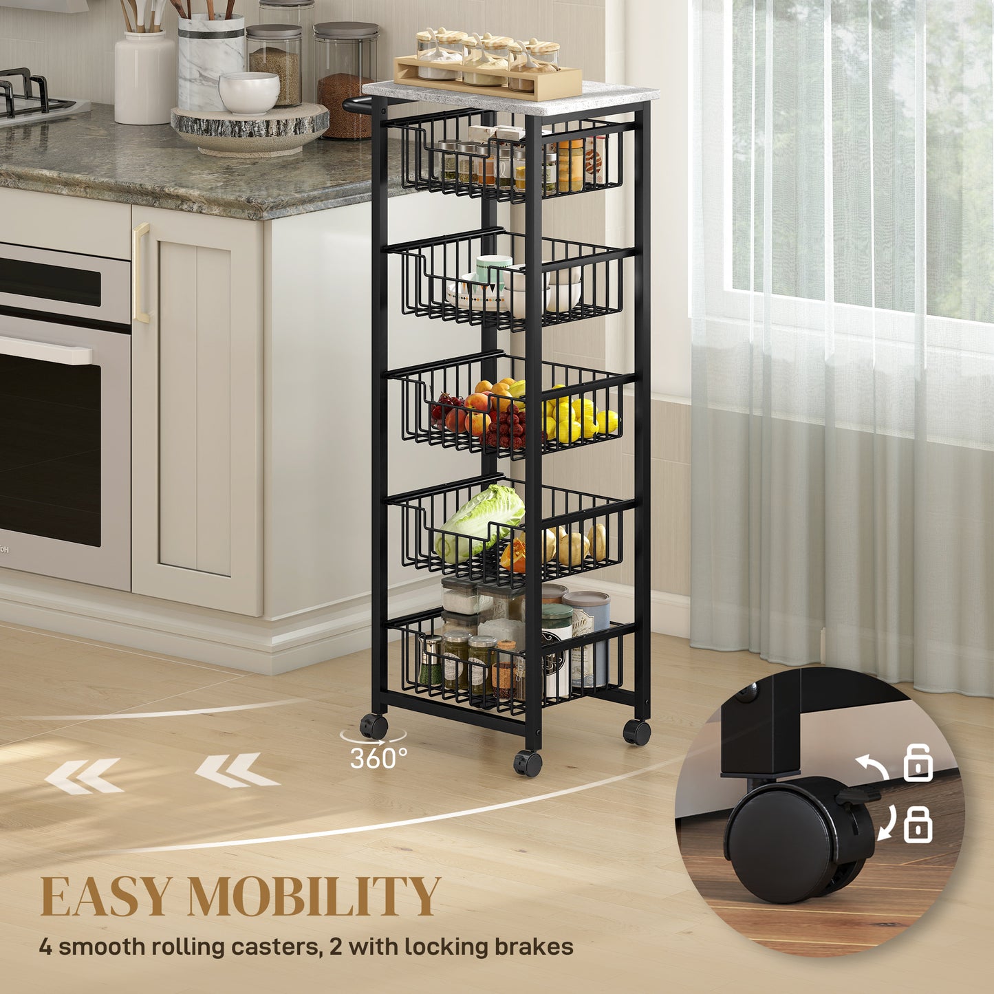 Sucora Metal Grey And Black 5 Basket Mobile Kitchen Trolley With Locking Wheels