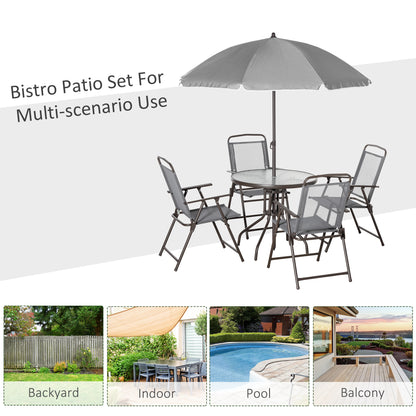 Misotte Metal and Mesh Light Grey 4 Seater Garden Dining Set With Parasol Folding Chairs And Glass Table