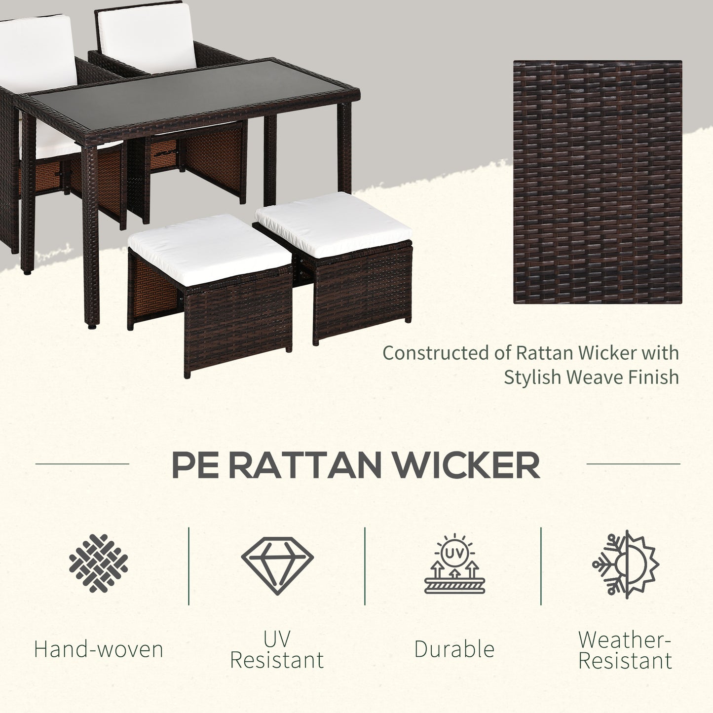 Nevani Rattan Brown 2 Seater Cube Garden Dining Set With Armchairs Stools And Rectangular Glass Table