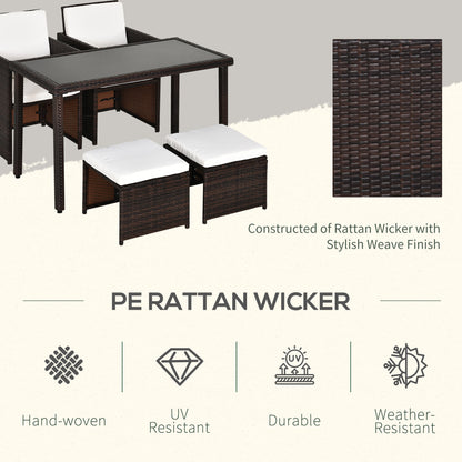 Nevani Rattan Brown 2 Seater Cube Garden Dining Set With Armchairs Stools And Rectangular Glass Table