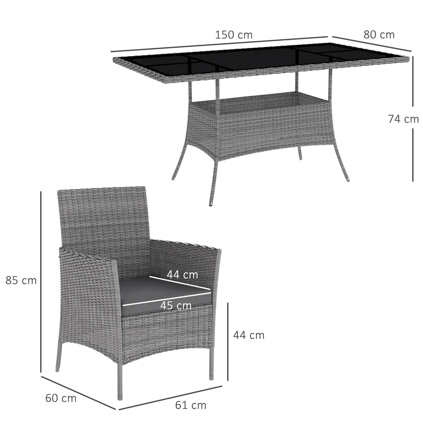 Lona Rattan Charcoal Grey 6 Seater Outdoor Dining Set With Cushioned Armchairs And Rectangular Glass Table