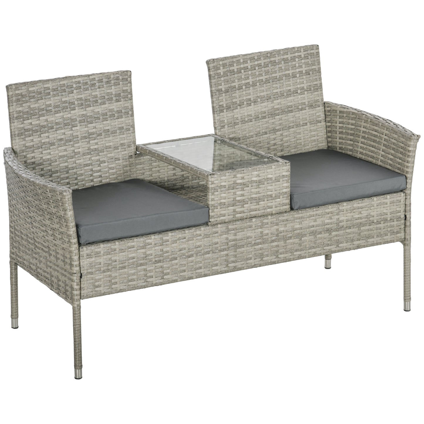 Vama Faux Rattan Light Grey 2 Seat Garden Chair With Integrated Coffee Table