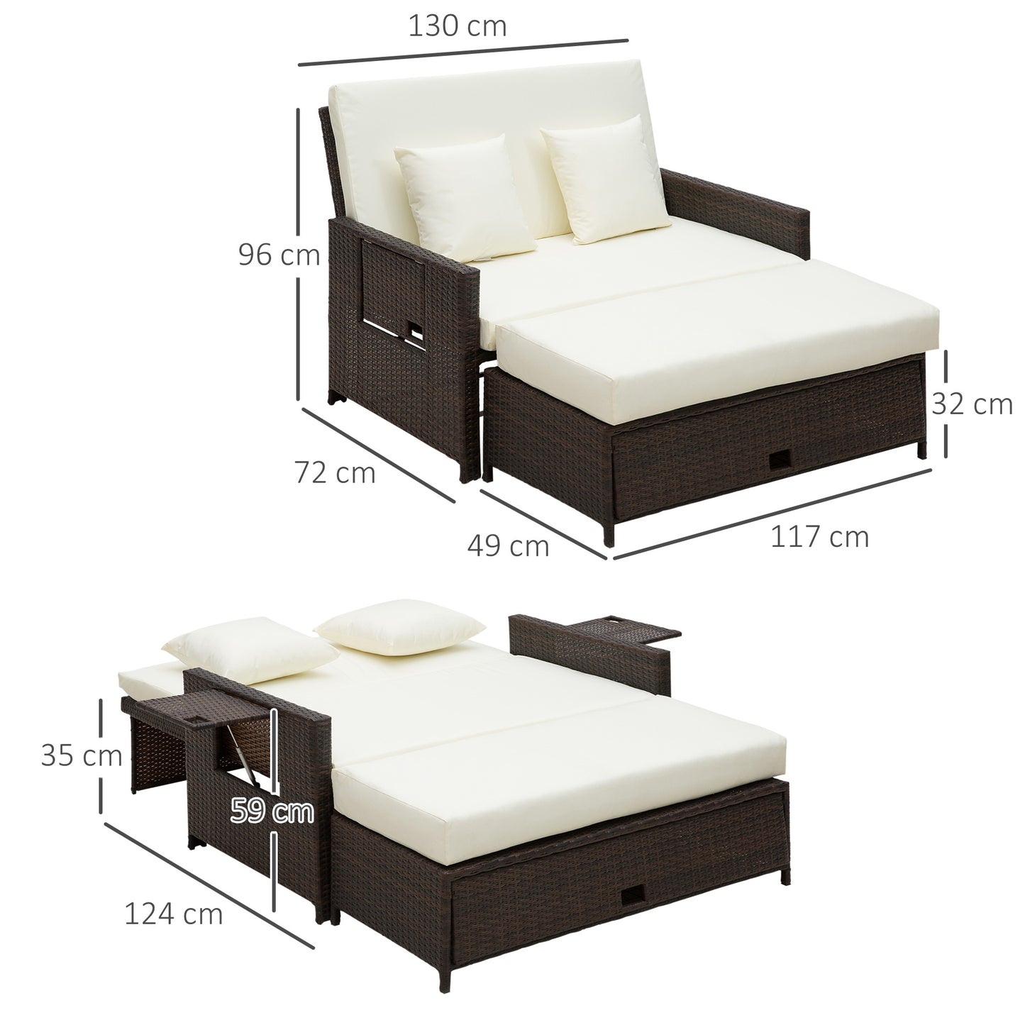 Fibadi Rattan Brown 2 Seater Outdoor Daybed Sun Lounger