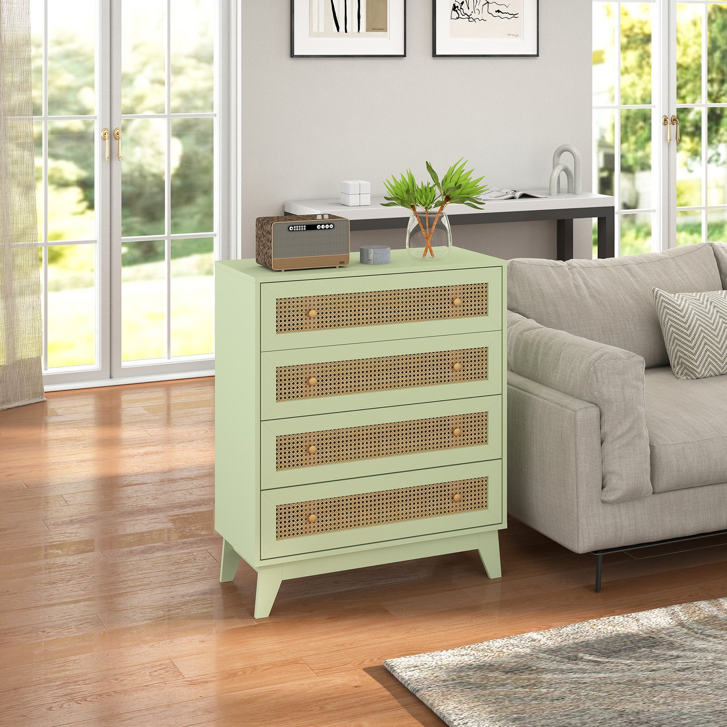 Raritte Wood And Rattan Light Green 4 Drawer Storage Chest With Woven Detail