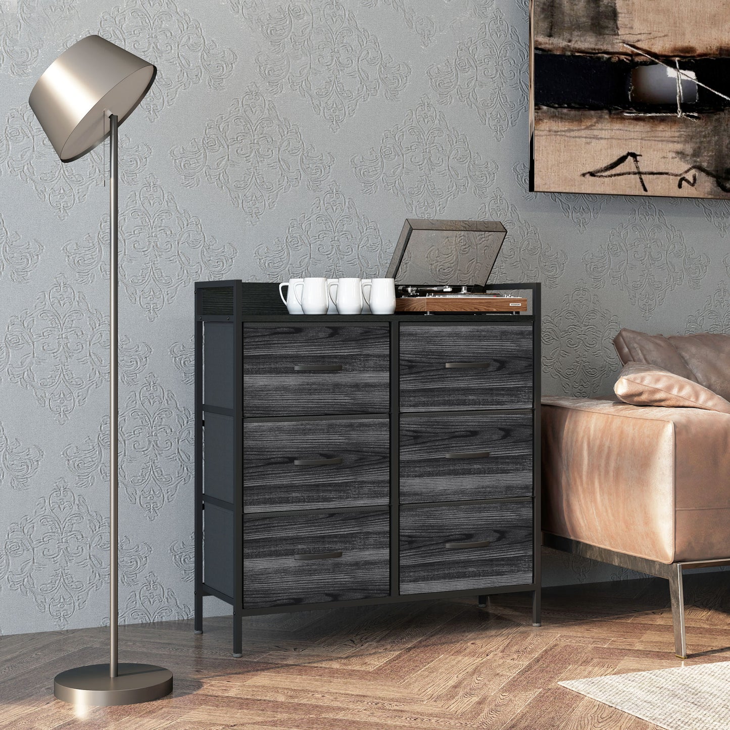 Basa Fabric And Wood Black 6 Drawer Rustic Storage Chest