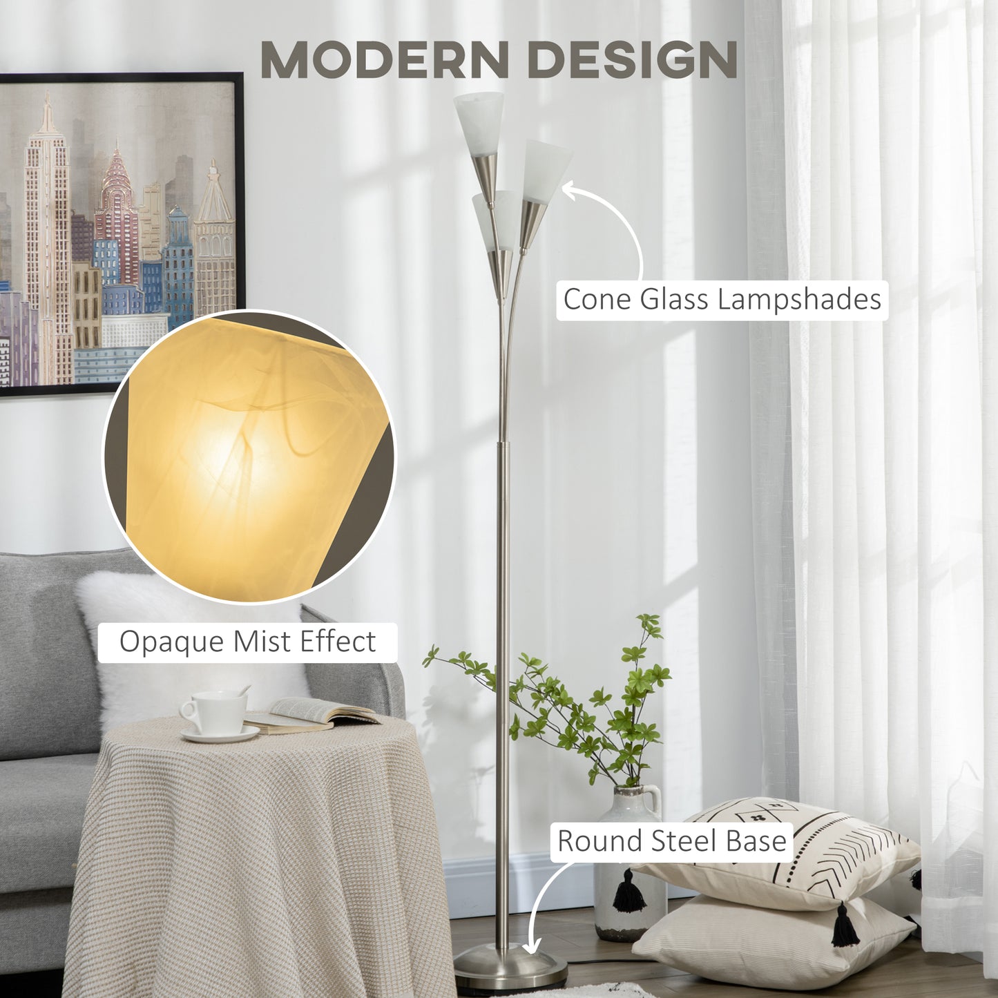 Karo Metal Silver 3 Bulb Light Floor Lamp With Steel Base
