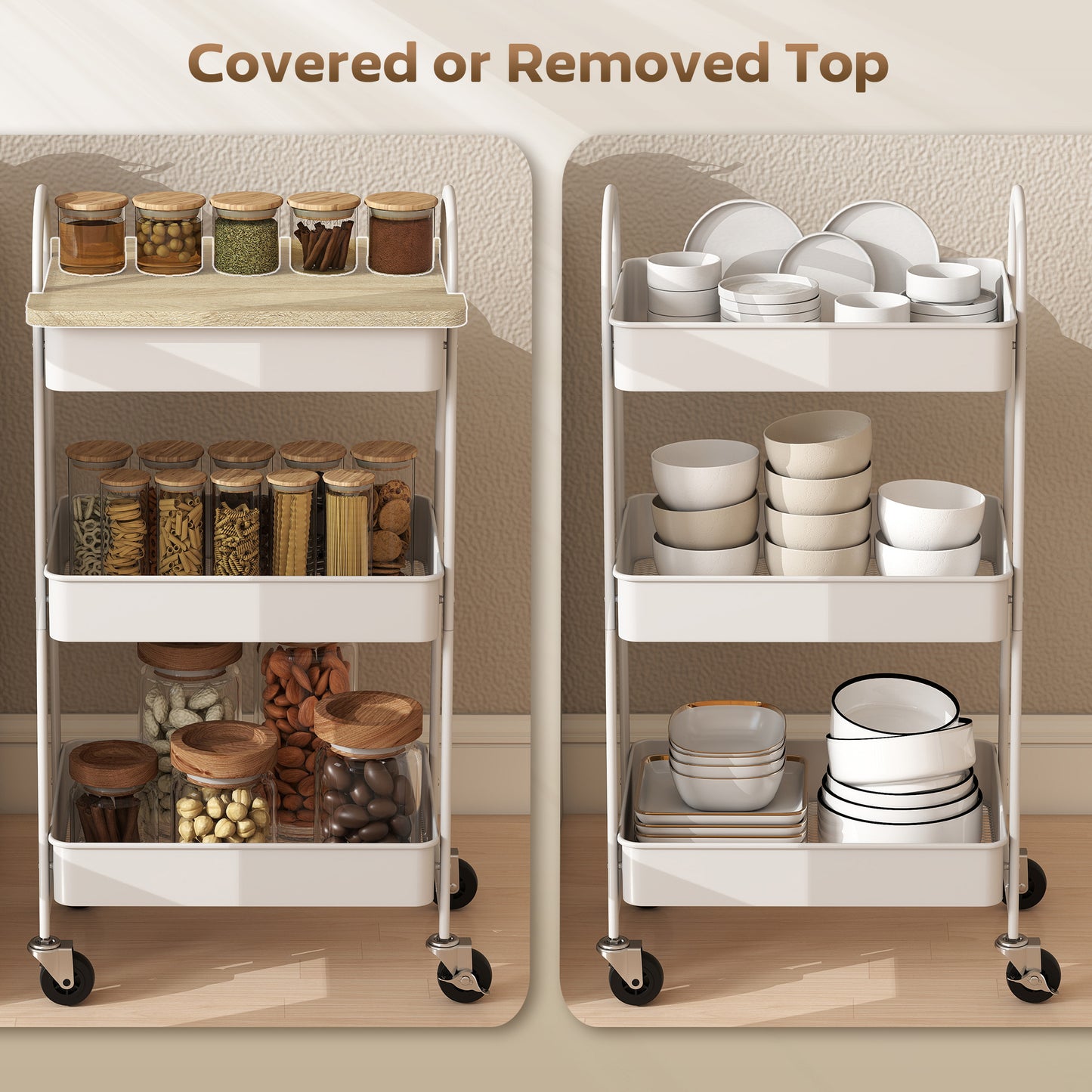 Satoro Wooden White And Oak 3 Tier Kitchen Trolley With Covered Top