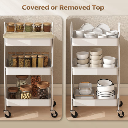 Satoro Wooden White And Oak 3 Tier Kitchen Trolley With Covered Top