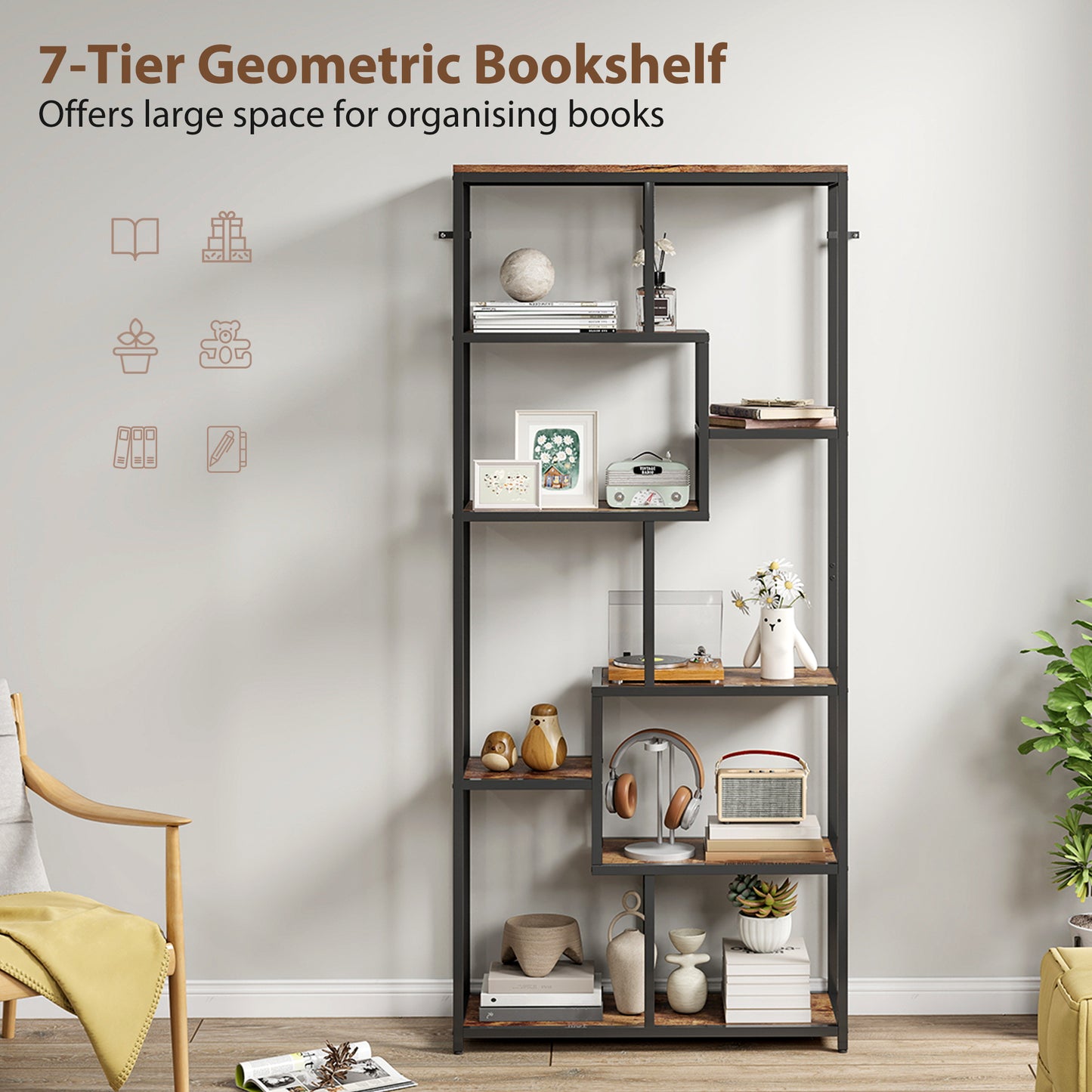 Lulomi Wood And Metal Brown And Black 7 Tier Geometric Display Bookcase
