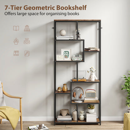 Lulomi Wood And Metal Brown And Black 7 Tier Geometric Display Bookcase