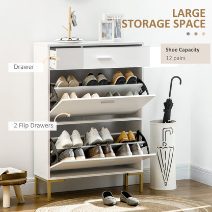 Suto Wooden White Slim Shoe Cabinet With 3 Drawers For 12 Pairs