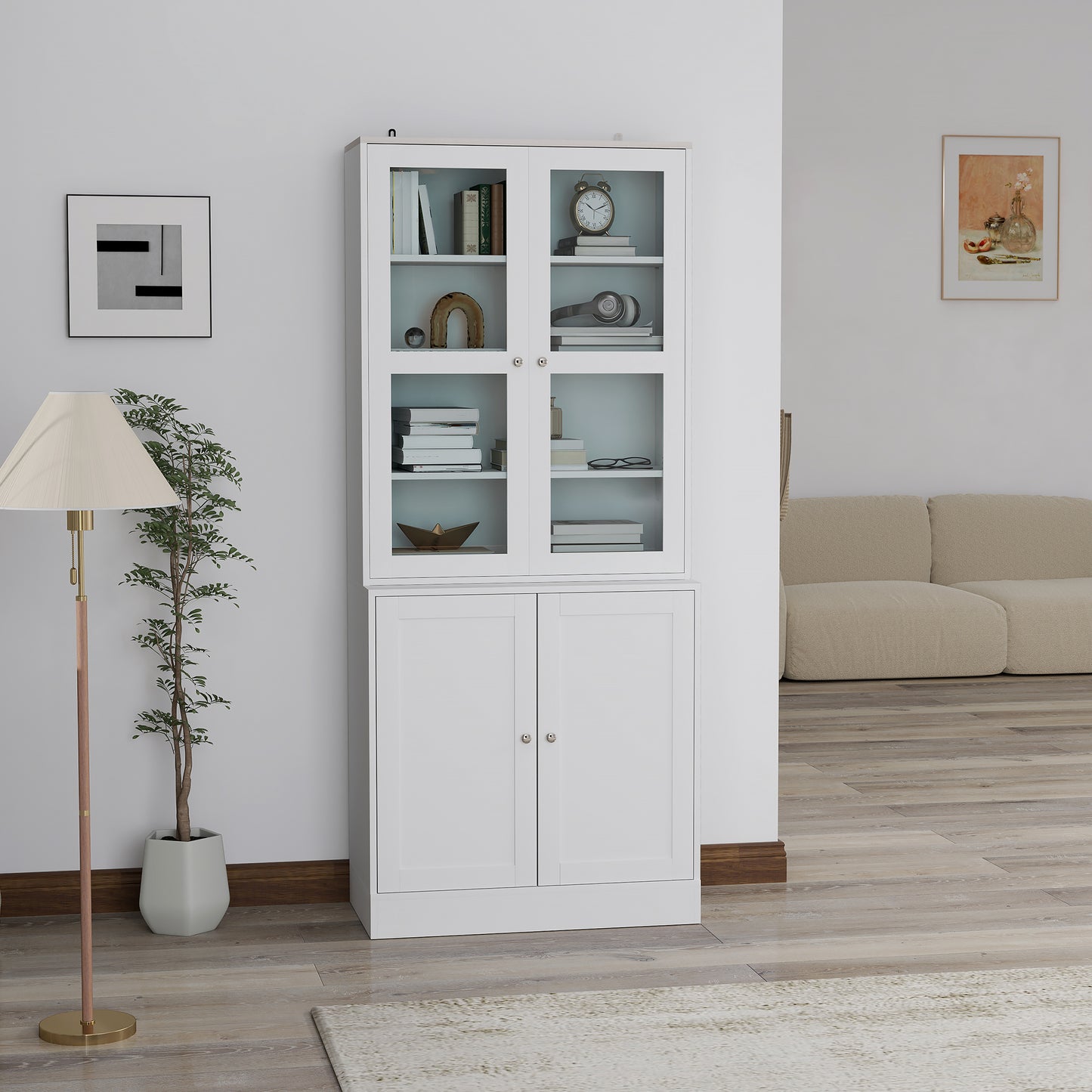 Salu Wood White Double Compartment Display Storage Cabinet