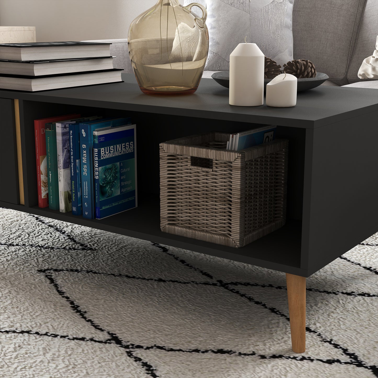 Panedi Wooden Grey Rectangular Coffee Table With Storage Compartments And Cabinets