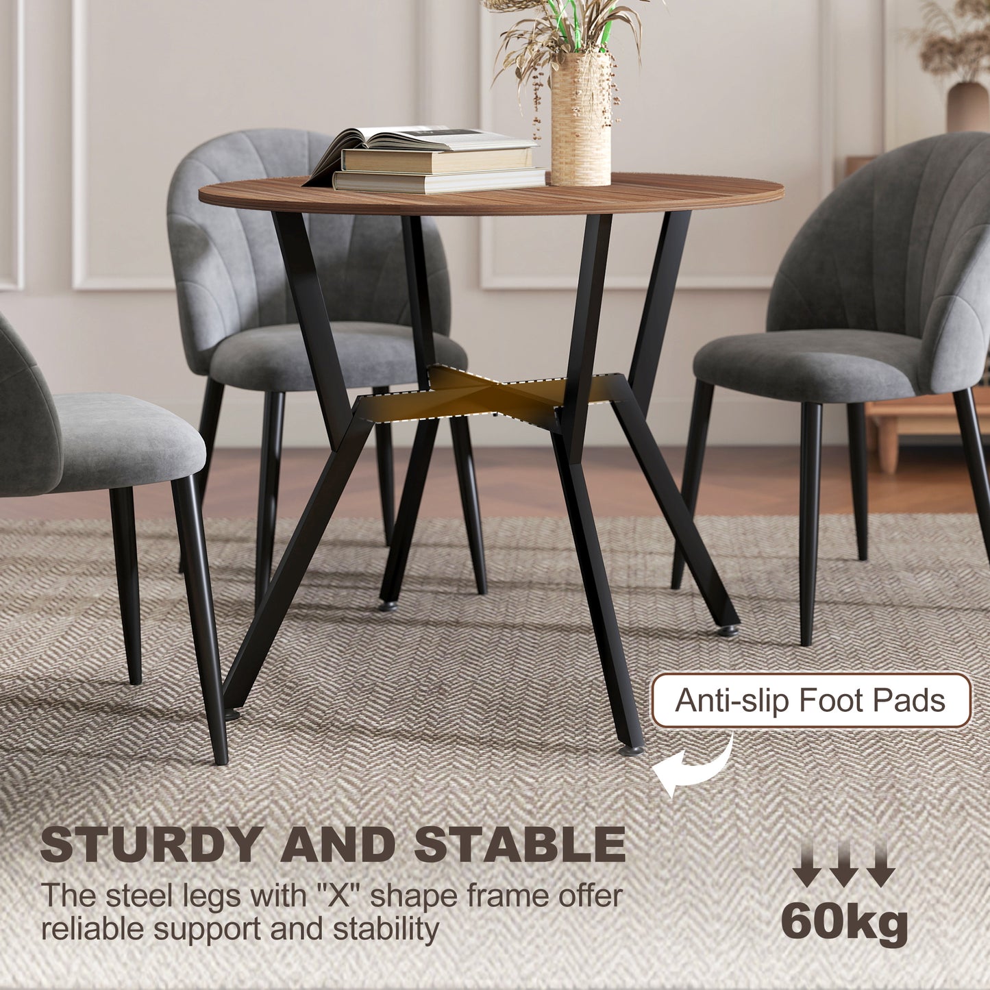 Doveno Metal Brown Round Dining Table With Anti Slip Feet For Dining Areas