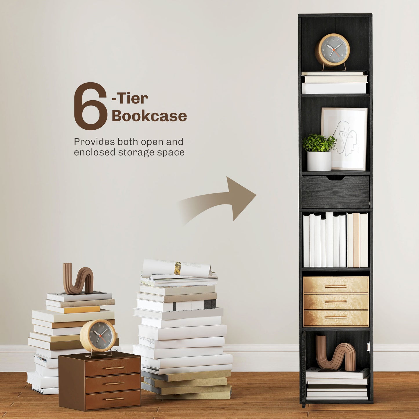 Nota Wooden Black Tall Narrow 6 Tier Bookcase With Drawer And Door