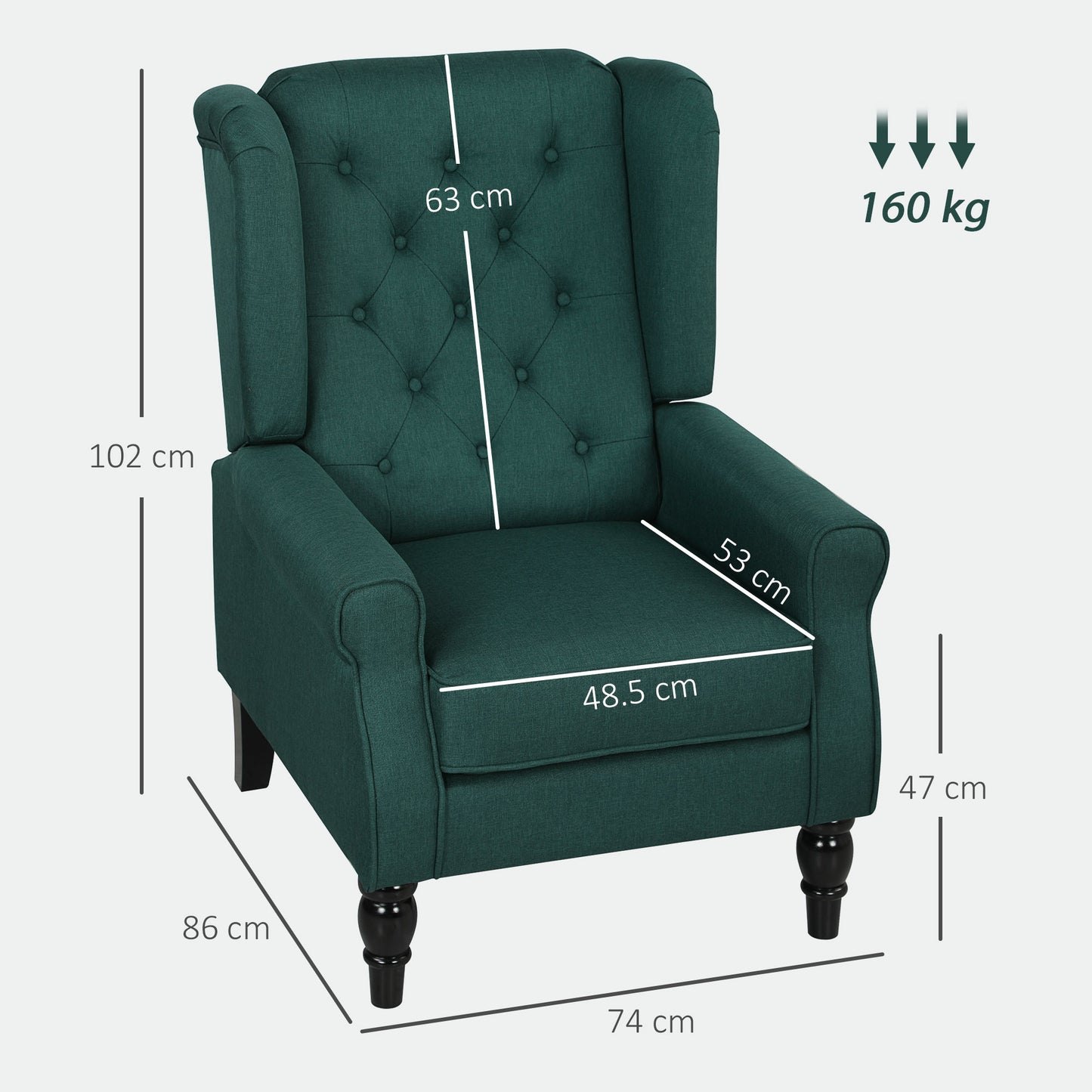 Redi Fabric Dark Green Retro Wingback Accent Armchair With Diamond Button Tufted Upholstery