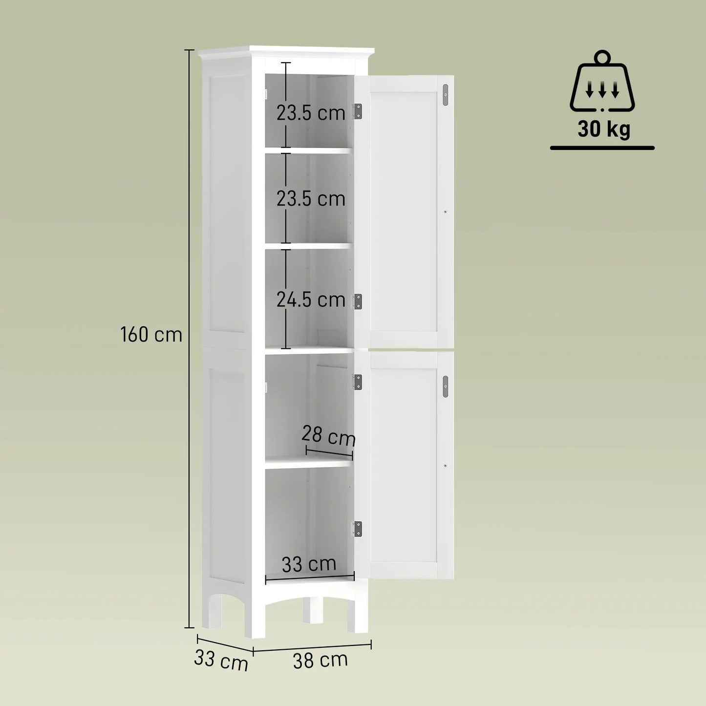 Barila 160cm Slim Tall Bathroom Storage Cabinet With Adjustable Shelves And Double Doors White