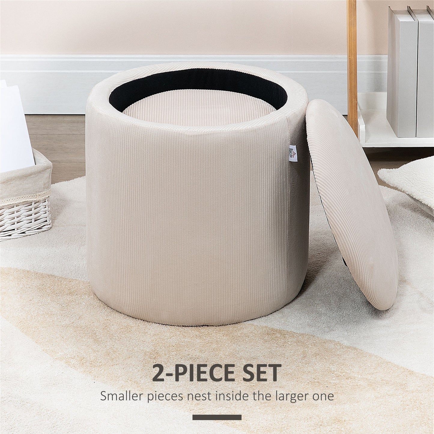 Vivalepa Set Of 2 Fabric Cream White Round Storage Ottomans With Removable Lids
