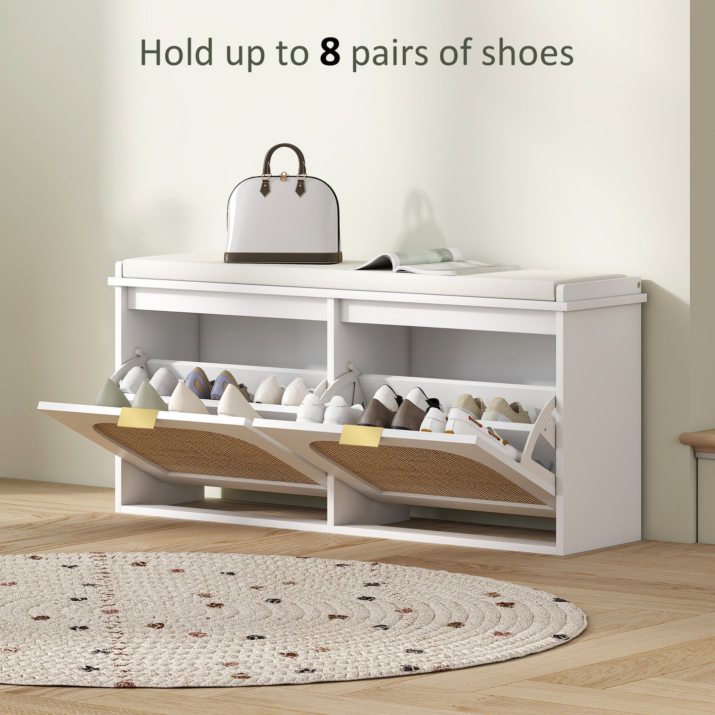 Hano Wooden White Boho Style Shoe Bench With Cushioned Seat And 2 Flip Drawers