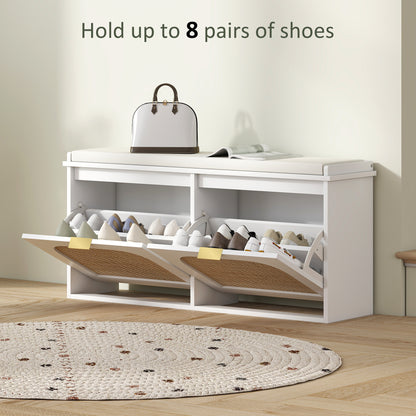 Hano Wooden White Boho Style Shoe Bench With Cushioned Seat And 2 Flip Drawers