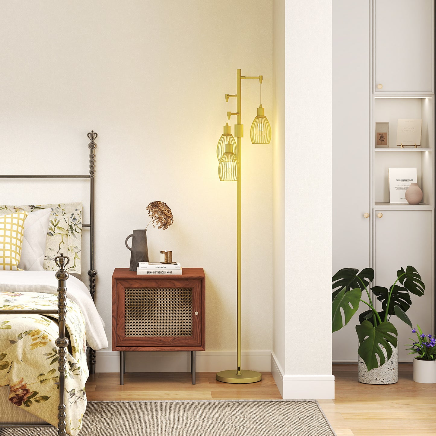 Rodi Metal Gold Tone Industrial 3 Light Floor Lamp With Wire Cage Shades