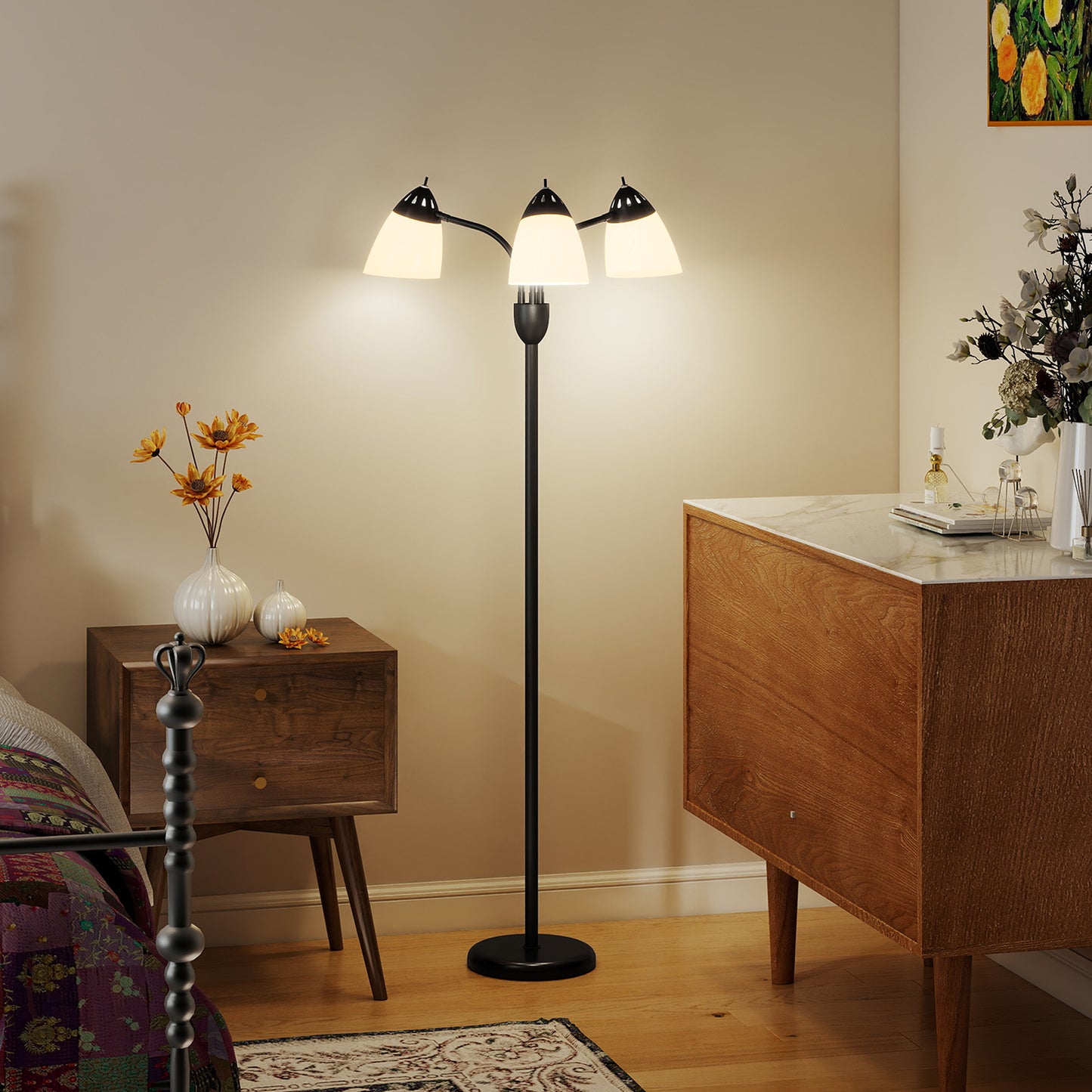 Noniyo Metal Black Arc Tree Floor Lamp With 3 Rotating Heads And Adjustable Colour Temperature