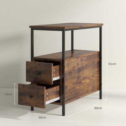 Mirayo Set Of 2 Narrow Industrial Side Tables With 2 Drawers And Shelves Wooden Rustic Brown