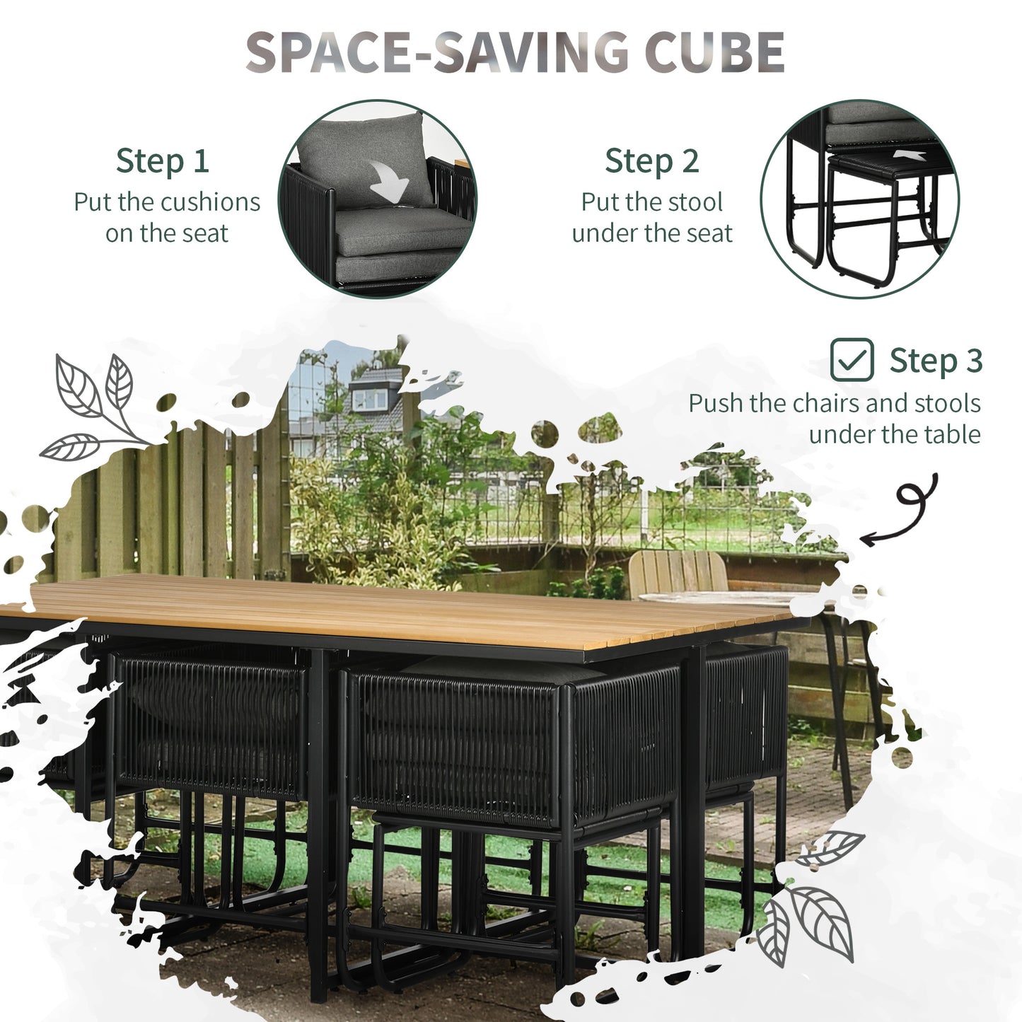 Latata Black Rattan String 10 Seater Cube Garden Dining Set With Stools And Rectangular Table
