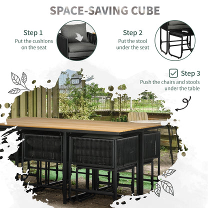 Latata Black Rattan String 10 Seater Cube Garden Dining Set With Stools And Rectangular Table