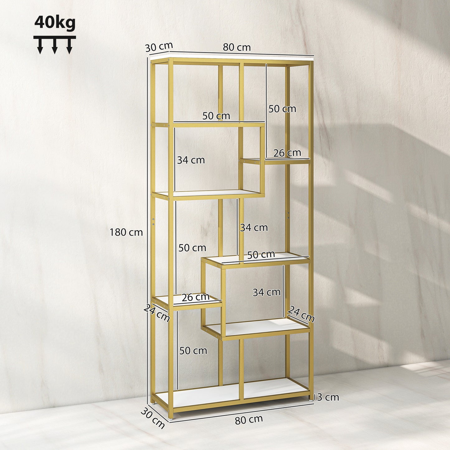 Lolaha Wood And Metal White And Gold Tone 7 Tier Geometric Display Bookcase