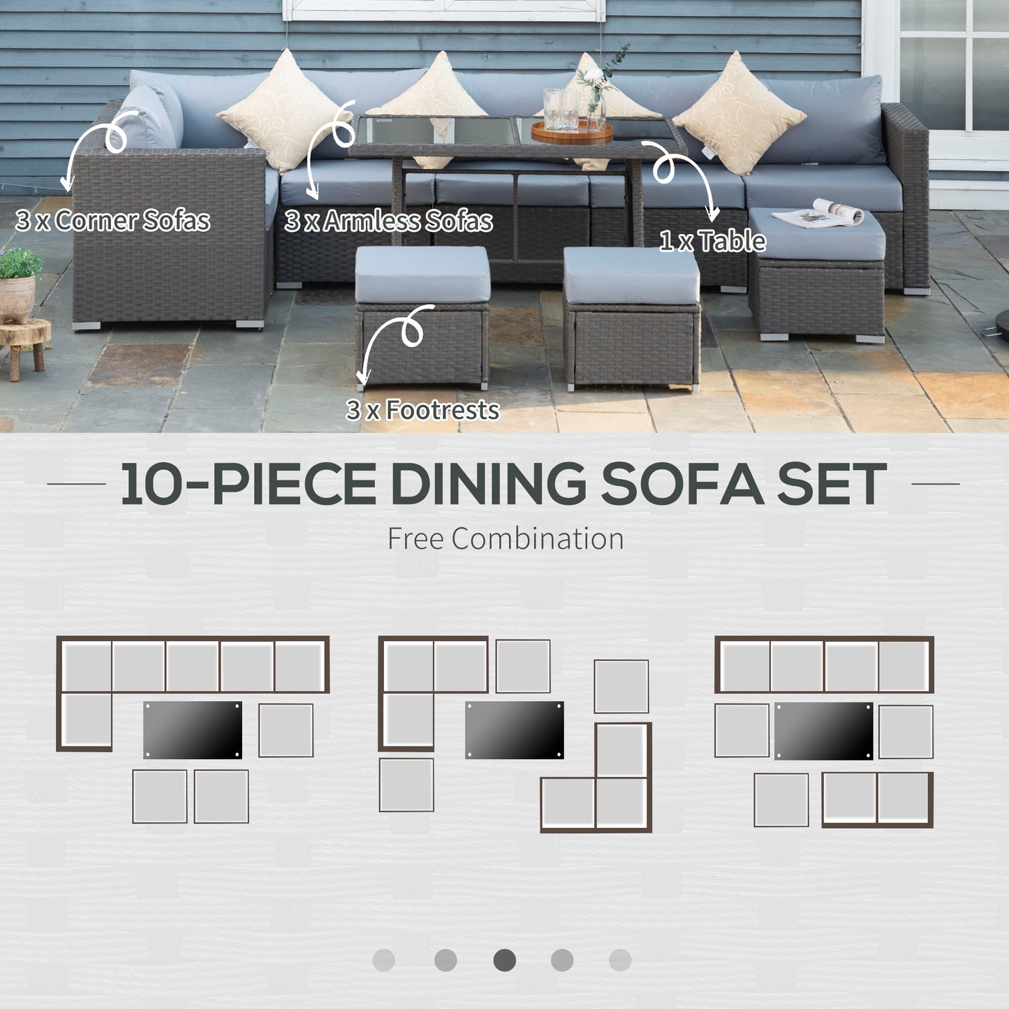 Vihatta Rattan Grey And Dusty Blue 9 Seater Outdoor Corner Dining Sofa Set