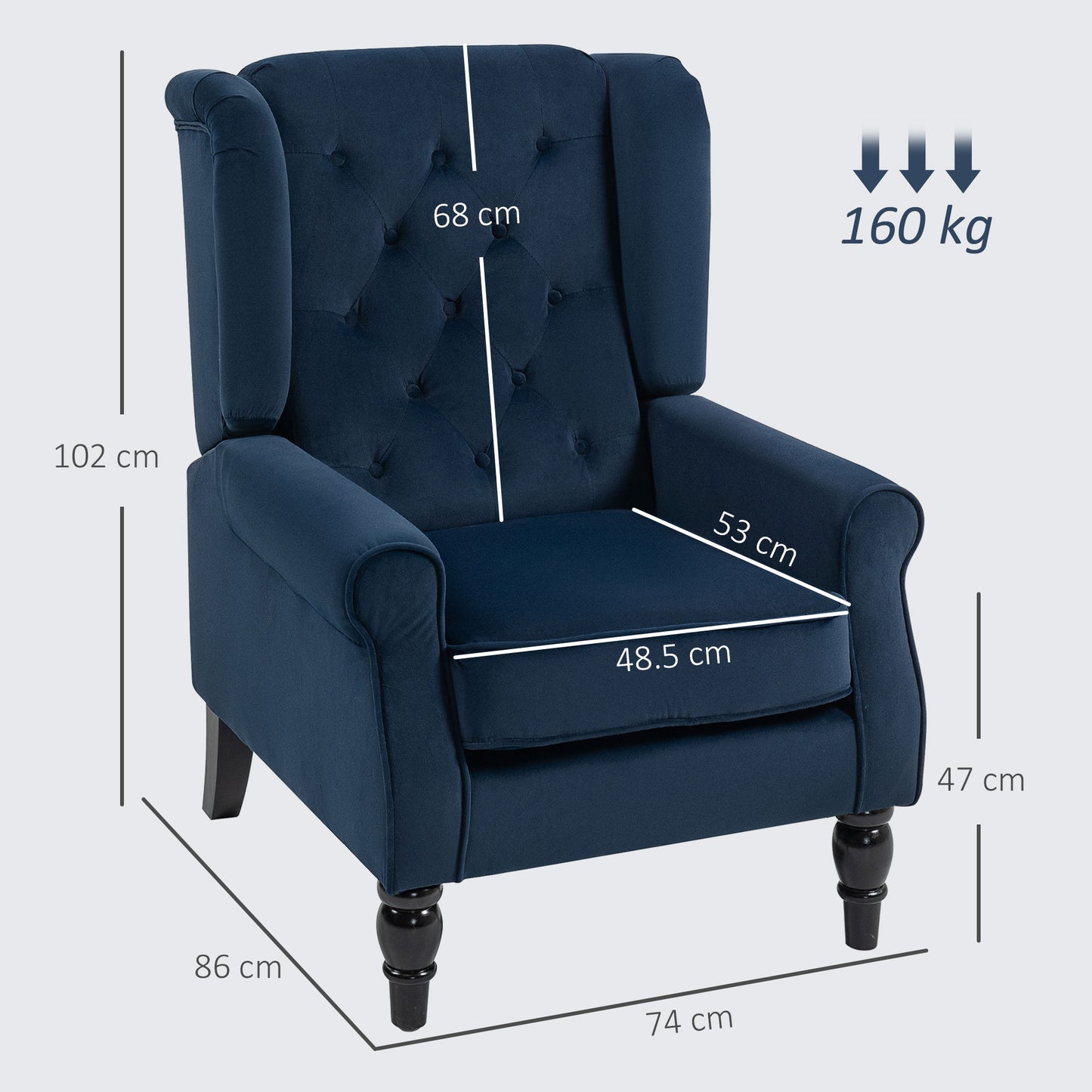 Rake Dark Blue Retro Wingback Accent Chair With Button Tufted Upholstery