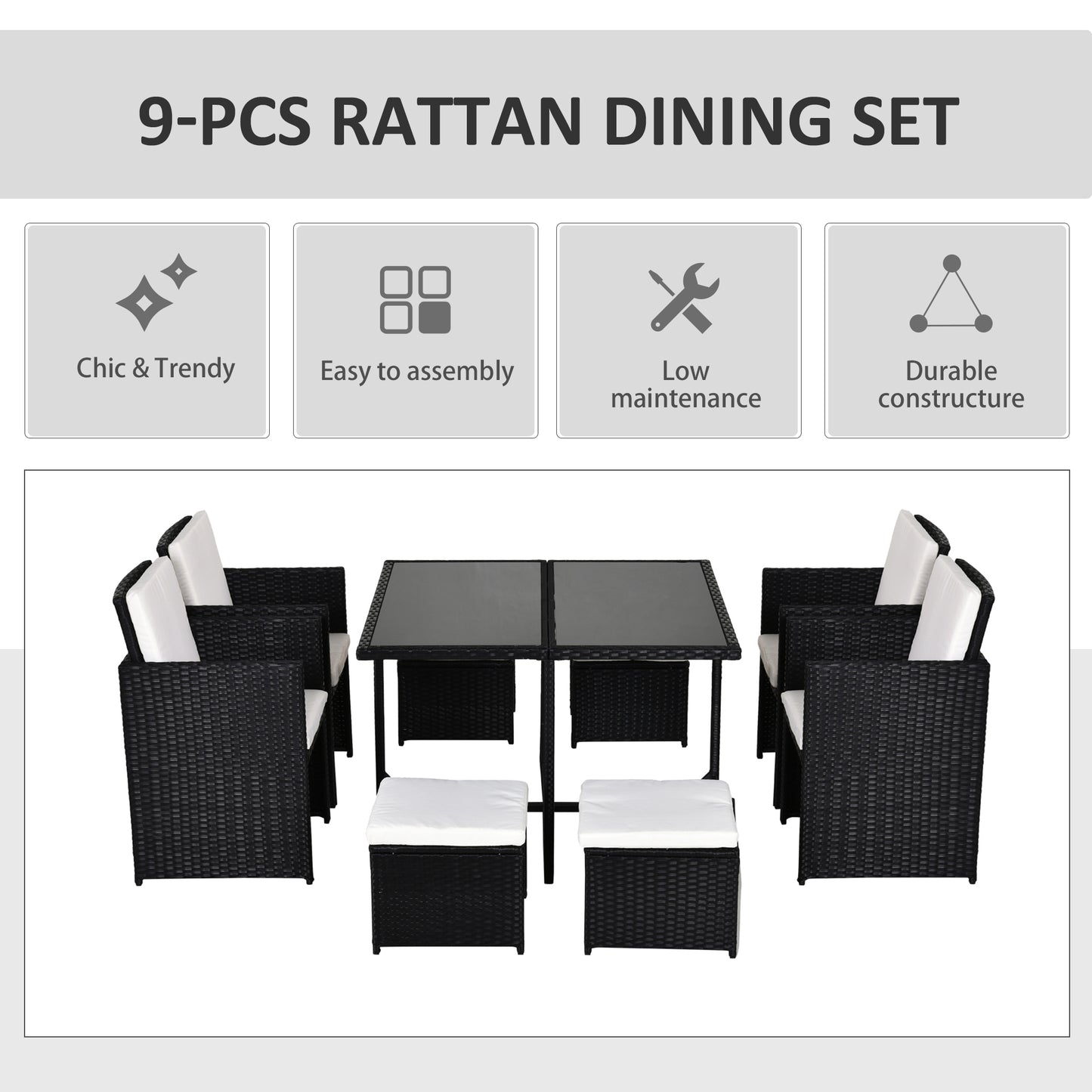Viro Rattan Black 8 Seater Cube Garden Dining Set With Cushions And Square Glass Table