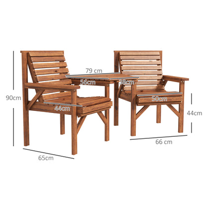 Topa Tan Brown Wood Garden Bistro Set Love Seat With Integrated Coffee Table And Parasol Hole